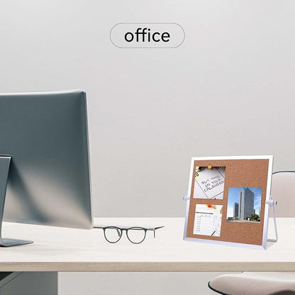 9.8"×9.8" Cork Board Bulletin Board, Double Sided Pin Board with Silver Aluminum Border, Desktop Small Cork Board with Stand Suitable for Home, Office, Desk Message Board or Picture Board