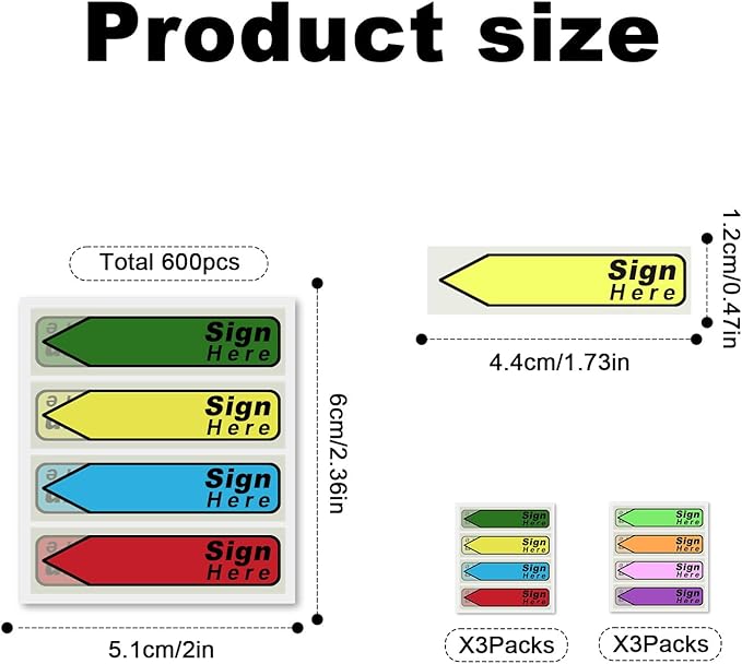 600pcs Stickers(6 Pack) Sign Here Labels, Sign Here Flags Sticky Notes Initial Here Stickers with Dispenser Arrow Labels Easy to Post for Office School Notary Books(Colorful)