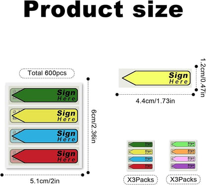 600pcs Stickers(6 Pack) Sign Here Labels, Sign Here Flags Sticky Notes Initial Here Stickers with Dispenser Arrow Labels Easy to Post for Office School Notary Books(Colorful)