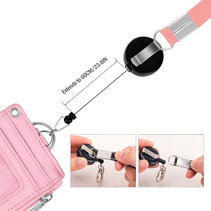 Cute ID Badge Holder Retractable Lanyard Reel Clip with Heavy Duty Carabiner, 5 Card Slots in 2 Sided with Key Ring and Zipper for Students Teens Boys Girls Office Staff Women (Pink)
