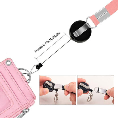 Cute ID Badge Holder Retractable Lanyard Reel Clip with Heavy Duty Carabiner, 5 Card Slots in 2 Sided with Key Ring and Zipper for Students Teens Boys Girls Office Staff Women (Pink)