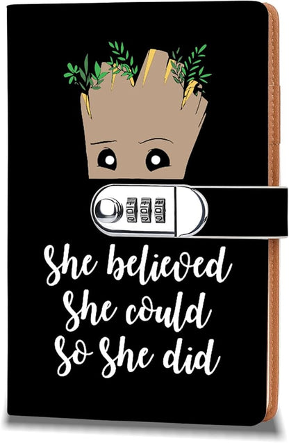 Funny Groot Gifts Leather Combination Lock Notebook Always Remember You’re Braver Than You Believe Leather Locked Journal Notebook Birthday Gifts for Daughter Son (she believed)
