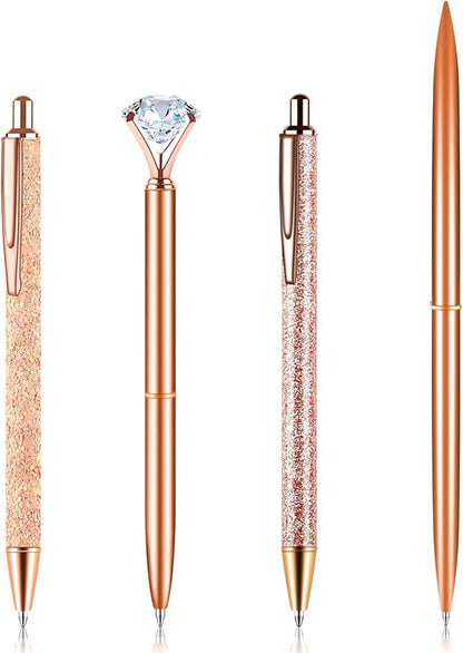 amassan 4Pcs Ballpoint Pens Set, Cute Pens with Crystal Diamond for Journaling, Black Ink Pen Gifts for Wedding Office Desk Supplies, Sand Glitter Pen for Women Office Decor