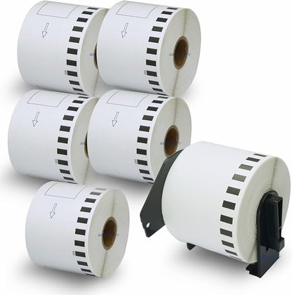 BETCKEY - Compatible Continuous Labels Replacement for Brother DK-2205 (2.4 in x 100 ft), Use with Brother QL Label Printers [6 Rolls + 1 Reusable Cartridge]