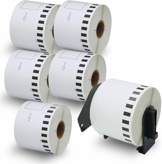 BETCKEY - Compatible Continuous Labels Replacement for Brother DK-2205 (2.4 in x 100 ft), Use with Brother QL Label Printers [6 Rolls + 1 Reusable Cartridge]