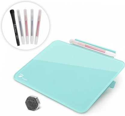 Teal Blue Mini Desktop Pure Glass Whiteboard, Small Slope Slick Desk Whiteboard Glass, Desk White Board, Desktop White Board Dry Erase, Stenography Artifact for Office Home Schooling Décor, 8x6 Inches
