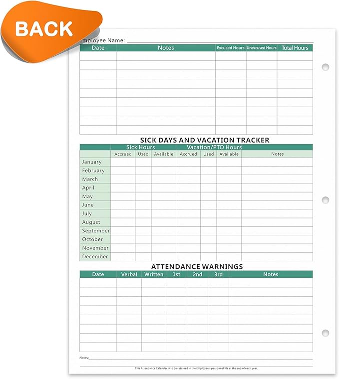 2025 Attendance Calendar (Pack of 25 Sheets) Employee Work Tracker Attendance Calendar Cards - Each sheet 8.5 X 11 100lb CardStock paper Material Make (25 sheets -Green)