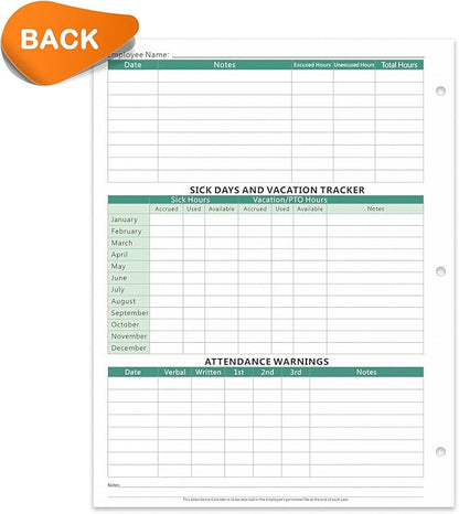 2025 Attendance Calendar (Pack of 25 Sheets) Employee Work Tracker Attendance Calendar Cards - Each sheet 8.5 X 11 100lb CardStock paper Material Make (25 sheets -Green)
