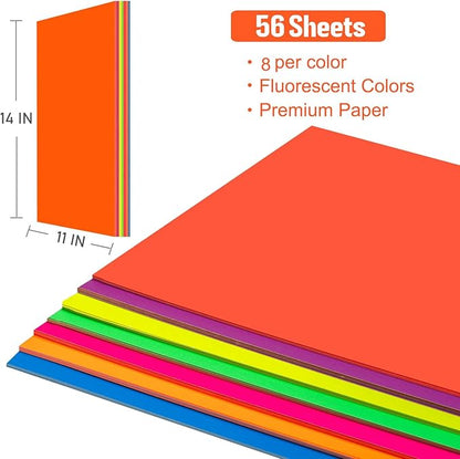 Poster Board 11 x 14 Inches,56 Sheets Neon Paper 7 Color Fluorescent Paper Bright Cardstock 250 GSM/90 lb Heavyweight Projects School Science Fair Event Displays and Business Presentations