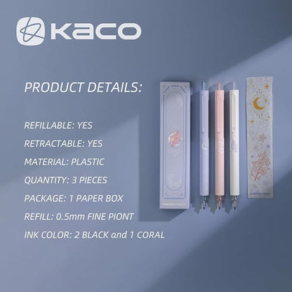Kaco Gel Pens Cute Stationery 3 Pieces 0.5mm Fine Point, Quick Drying Pens for Journaling Aesthetic Office Supplies, 2 Black Ink and 1 Coral Ink