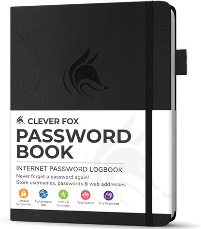 Clever Fox Password Book with Alphabetical tabs. Internet Address Organizer Logbook. Small Pocket Password Keeper for Website Logins (Black)