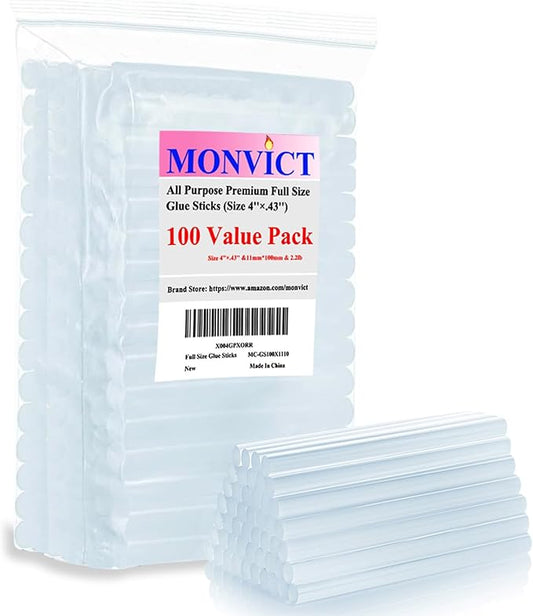 MONVICT Hot Glue Sticks, Pack of 100 (2.2 lb) 4"Long 0.43" Diameter Full-Size Hot Glue Gun Sticks Art Glues Pastes Hot Melt Sticks for Most Large Glue Guns, Clear Glue Sticks for DIY, Arts & Crafts