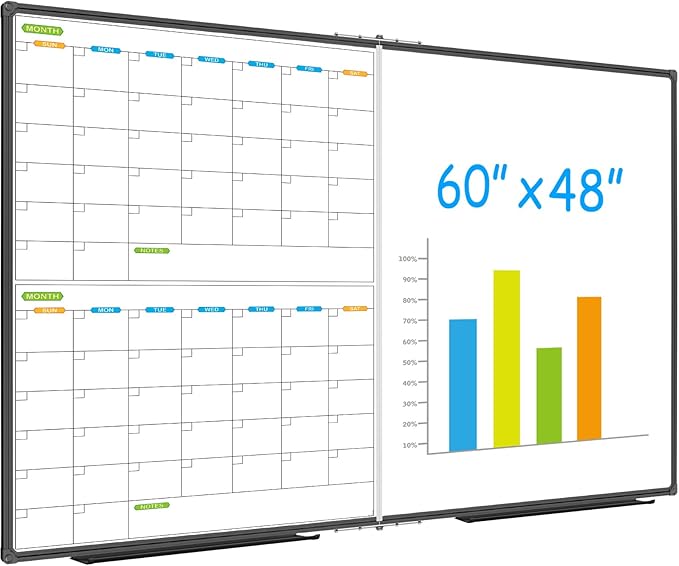 JILoffice Magnetic Foldable Dry Erase Calendar Whiteboard Combo, 2 Month Calendar Board & White Board 60 X 48 Inch, Black Aluminum Frame Wall Mounted Board for Office Home and School