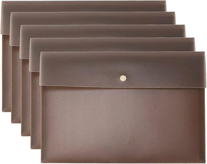 VANRA 5 Pieces A4 Envelopes Folders for Paperwork Plastic Wallets Document Organizer with Snap Button Closure A4 Letter Size (Brown)