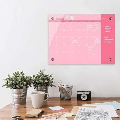 Glass Dry Erase Whiteboard, Pink Glass Monthly Calendar Whiteboard, 18" x 24",Frameless Glass White Board for Home, School, Office, Pink Surface(GlassA-PK-4560)