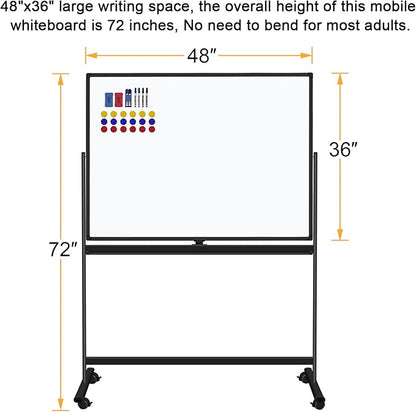 H-Qprobd 48"x36" Mobile Whiteboard Double-Sided Magnetic Dry Erase Board on Wheels - Comercial Rolling White Boards with Sturdy Stand for Home, Office & School