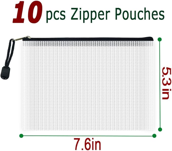 AUSTARK 10 Pcs Zipper File Bags, Waterproof Plastic Mesh Pouch for Office School, Board Game Storage Bags (B6 Size 7.6''x5.3'', White and Black)