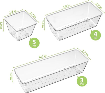 12 Piece Clear Drawer Organizer Set, 3 Sizes Bathroom Vanity Organizer Trays and Storage Bins for Makeup, Cosmetics, Jewelry, and Gadgets. Perfect for Office, Kitchen, Bedroom, Bathroom Use.