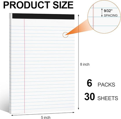 Utron 6 PCS Small Legal Pads 5x8 White, Narrow Ruled Small Note Pads 5x8, Micro Perforated Writing Pad, College Ruled Legal Notepads 5x8 for Study, Office, To-Do Lists(30 Sheets/Small Notepad)