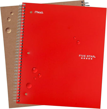 Five Star Spiral Notebook, 5 Subject, Wide Ruled Paper, Fights Ink Bleed, Water Resistant Cover, 8" x 10-1/2", 200 Sheets, Color Will Vary (05206) (Pack of 2)