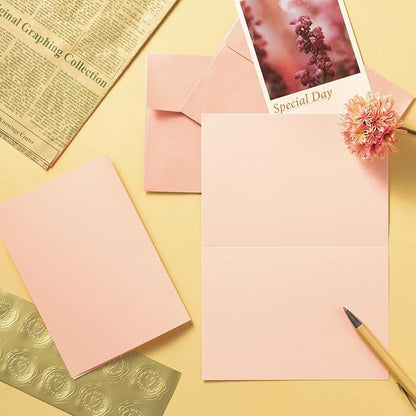 Wishop 50 Pack Shiny Self-Adhesive Envelopes with Shiny Fold Cards for Wedding Invitations, Greeting Cards, Baby Shower, Letter Mailing (Pink, 5x7)