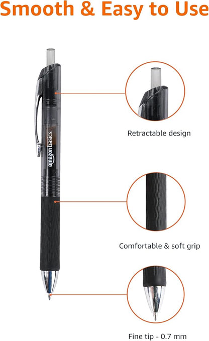 Amazon Basics Gel Pens Fine Point Smooth Writing Pens, Retractable, Black, 0.7mm, 12 Pack