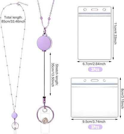 Lanyards for Id Badges 3 Pack Badge Lanyard with 6 Pcs Id Badge Holder Retractable Badge Holders Stainless Steel Teacher Lanyards for Women Cruise Ship Lanyards (Rose Gold, Pink, Purple)