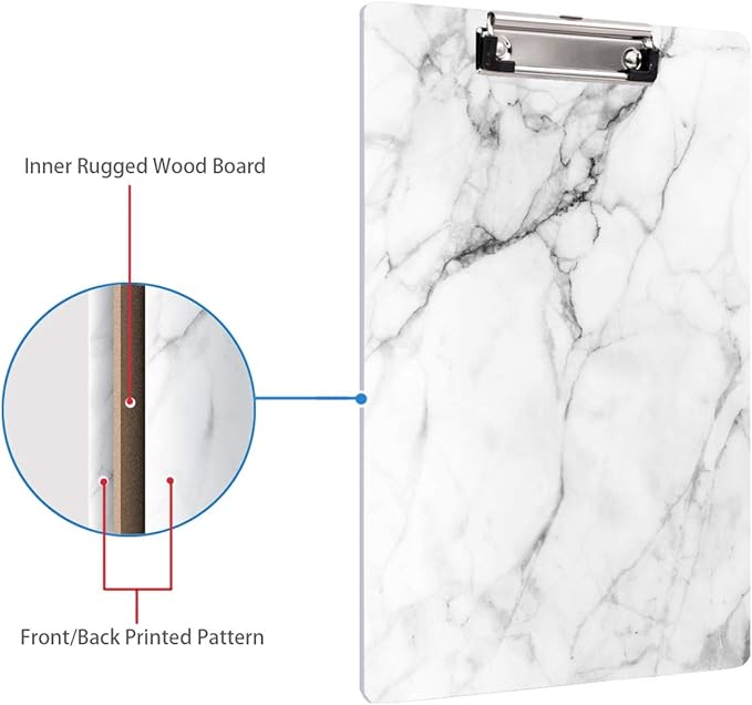 WAVEYU Clipboard, Cute Decorative Letter Size Clipboard Low Profile Paperboard Chic Design Clipboard for Students Nurse School, Home, or Office Supplies(12.5"x9"), White Marble