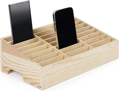 Wooden 24-Grid Cell Phones Storage Box Desktop Mobile Phone Holder Organizer for Office School Classroom (24-Grid)