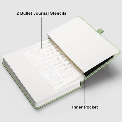 RETTACY Bullet Dotted Journal, A5 Dotted Notebook Journal with 192 Pages, 5.7'' × 8.3'', Medium Size, 100 GSM Thick Paper, Leather Hardcover, Bullet Journaling, Planning (Light Green)