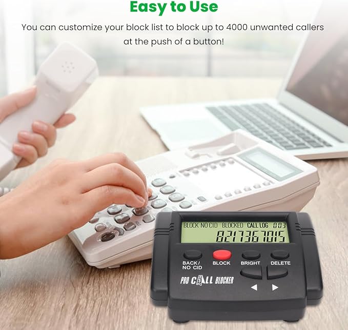 Call Blocker for Landline Phones, 4000 Groups Large Capacity Plug and Play LCD Display Home Phone Auto Call Block, Prevent Harassment Caller ID Box with Dual Plugs for Home Office