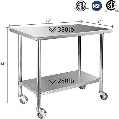 STABLEINK Stainless Steel Table with Caster Wheels 24 x 30 Inches, NSF Commercial Prep & Work Table with Adjustable Undershelf and Table Foot, for Commercial Kitchen, Restaurant, Hotel and Garage
