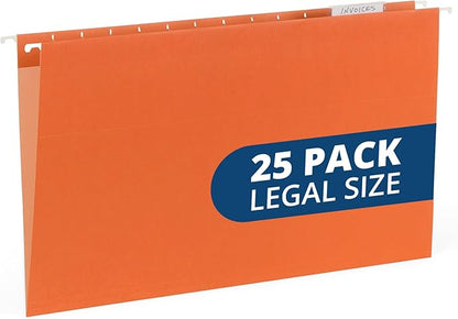 25 Blue Summit Supplies Legal Size Hanging Orange File Folders with Plastic Tabs and Inserts, 11pt Durable Paper, Legal Size File Folders for Office Organization