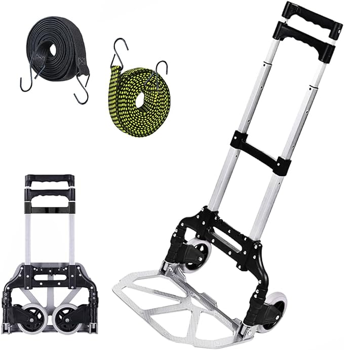 Folding Hand Truck, 165lbs Capacity Lightweight Portable Folding Dolly Multi-fuctional Foldable Hand Cart Heavy Duty Utility Cart for Home Shopping Office and Travel Use (Black 2 TPR Wheels)