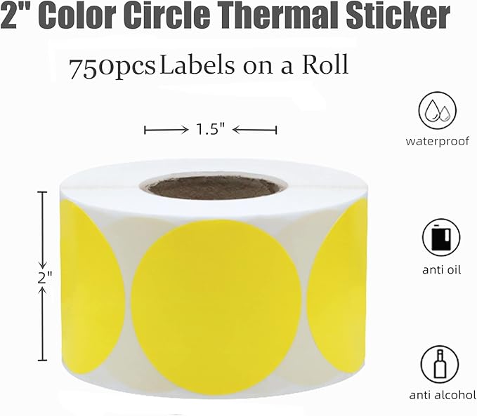 Hybsk 2 inch Circle Color Direct Thermal Stickers Shipping Labels for Barcodes,Name Tag,DIY Logo Design,QR Code,Inventory– Compatible with Zebra,Rollo,Munbyn,and More-750 pcs (2 inch,Yellow)