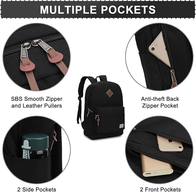 RAVUO School Backpack for Men Women, Water Resistant 15.6 inch Laptop Back Packs Bookbags College Daypack Black Bag with Side Pockets