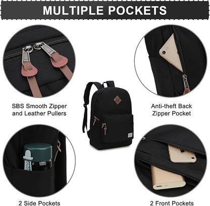 RAVUO School Backpack for Men Women, Water Resistant 15.6 inch Laptop Back Packs Bookbags College Daypack Black Bag with Side Pockets