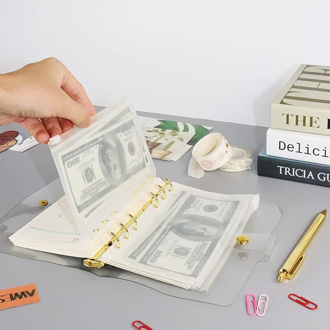 Glitter Powder PVC Binder Cover 6 Round Ring Binders Snap Button Closure Loose Leaf Folders Refillable Soft PVC Notebook Shell Protector (Gold 6 Rings, A6 Binder)