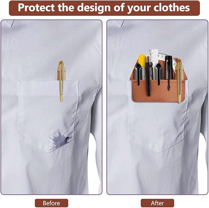 Pocket Protector, 2 Pieces PU Leather Pocket Pen Holder Organizer Pouch for Shirts Lab Coats Pants Pen Sleeve MultiPurpose Pen Pocket Holds Pens Pointers Pencils and Notes Card (Brown, Black)