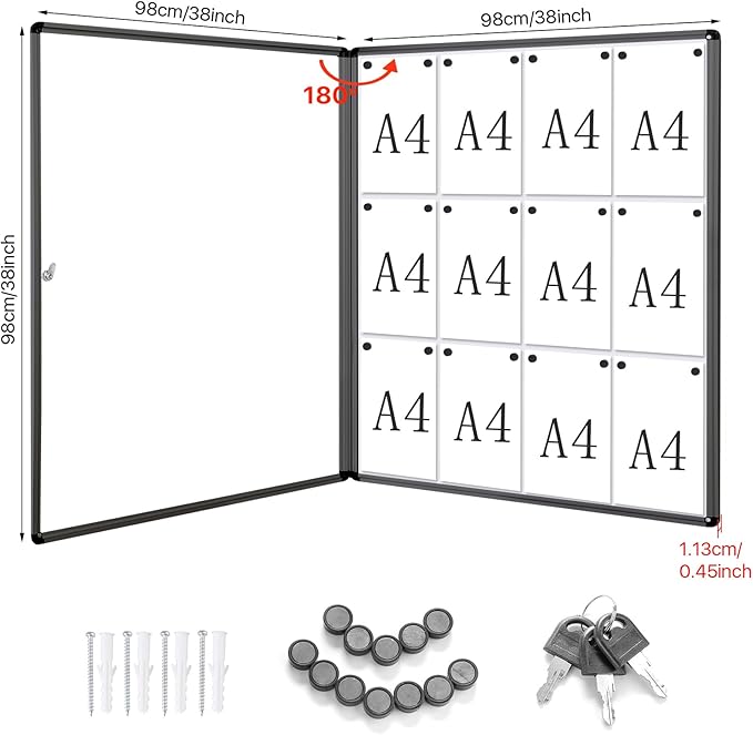 SWANCROWN Enclosed Bulletin Board Black Frame Enclosed Display Case,with Magnets,for School Message Notice, 38x38inch (12xA4)