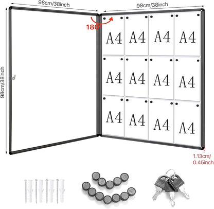 SWANCROWN Enclosed Bulletin Board Black Frame Enclosed Display Case,with Magnets,for School Message Notice, 38x38inch (12xA4)