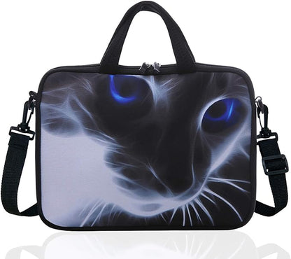 14 Inch Neoprene Laptop Sleeve Case Bag with shoulder strap For 14" Notebook/MacBook/Ultrabook/Chromebook (Grey cat with blue eyes)