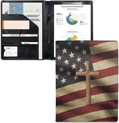 American Flag Cross PU Leather Padfolio Clipboard Clip Business Resume Portfolio A4 Folder Interview Legal Document Organizer Business Card Holder Letter