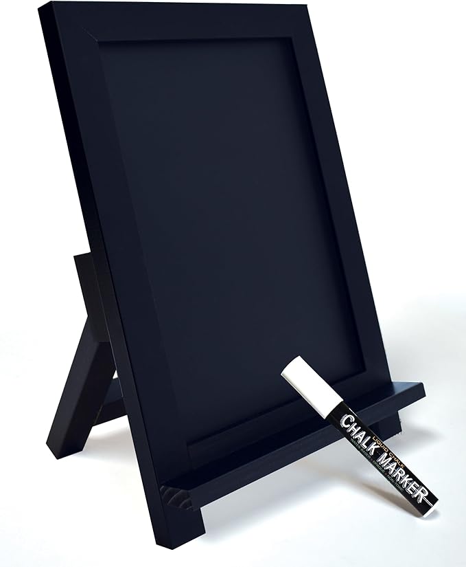Framed Tabletop Chalkboard Sign, 9.5" x 14", Rustic Wood Frame, Small Magnetic Chalkboard with Built-in Ledge, Folding Stand, & One White Chalk Marker, by Better Office Products (Solid Black)