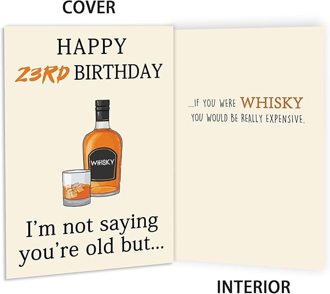 Funny 23rd Birthday Card for Her Him, Happy 23rd Birthday Decorations for Men Women, Unique 23rd Birthday Gifts for Son Daughter, Whiskey 23 year old Bday Gift Ideas