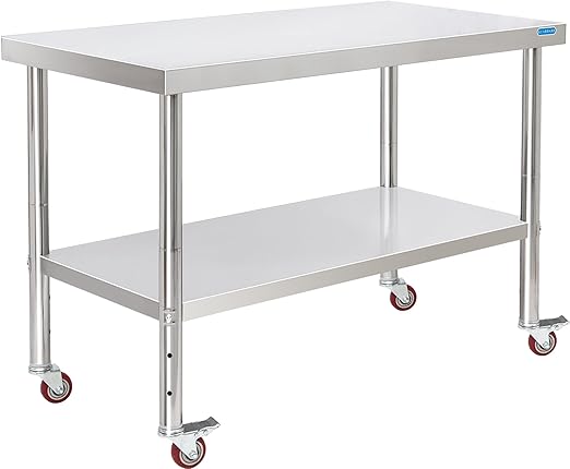 Stainless Steel Table for Prep & Work with 4 Caster Wheels with Undershelf 24 x 48 NSF Metal Commercial Kitchen Adjustable Under Shelf Worktable for Restaurant Home Outdoor