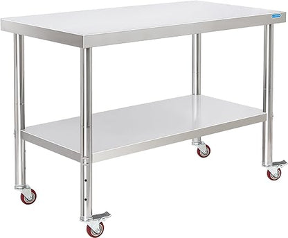 Stainless Steel Table for Prep & Work with 4 Caster Wheels with Undershelf 24 x 48 NSF Metal Commercial Kitchen Adjustable Under Shelf Worktable for Restaurant Home Outdoor