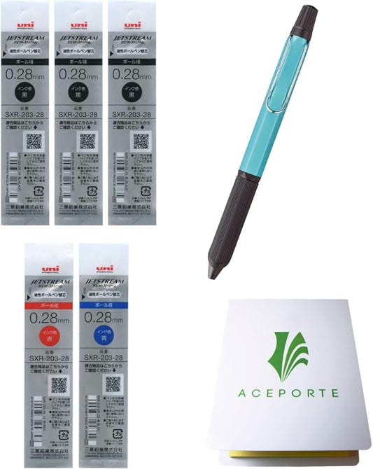 Uni Jetstream EDGE3 0.28mm Oil-based Ballpoint Pen Two-Tone Turquoise Body ＋ Black/Red/Blue Refills, Sticky Notes Value Set