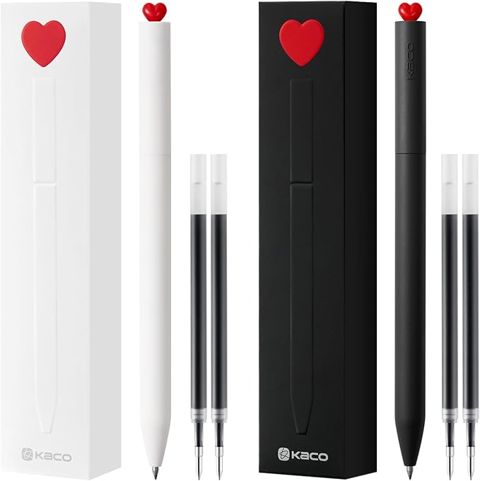 Kaco FIRST Gel Pens, Pack of 2 Pieces Cute Stationery Heart Pen Set with Extra 4 Black Refills Quick Drying Holiday Office Supplies (2 Colors)