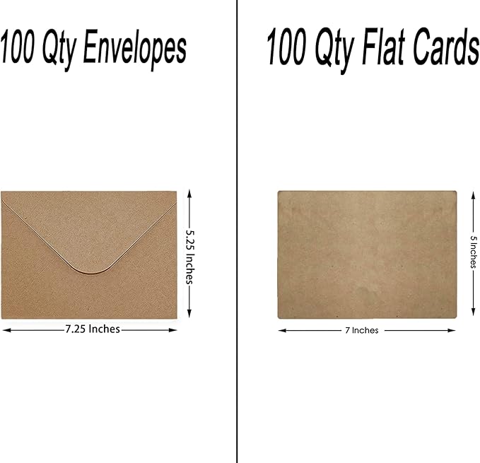 100 Qty 5.25 x 7.25 inches Printable A7 Invitation Envelopes & 100 Qty Flat Cards, Self Seal 120GSM Brown Kraft Paper Envelopes for Invitations, Papers, Photos, Documents, Wedding